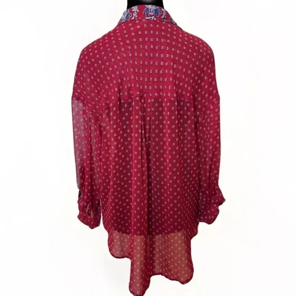 Free People Red Shirt Top M Sheer Button Front Long Sleeve Boho Preppy Slouchy - Picture 4 of 7